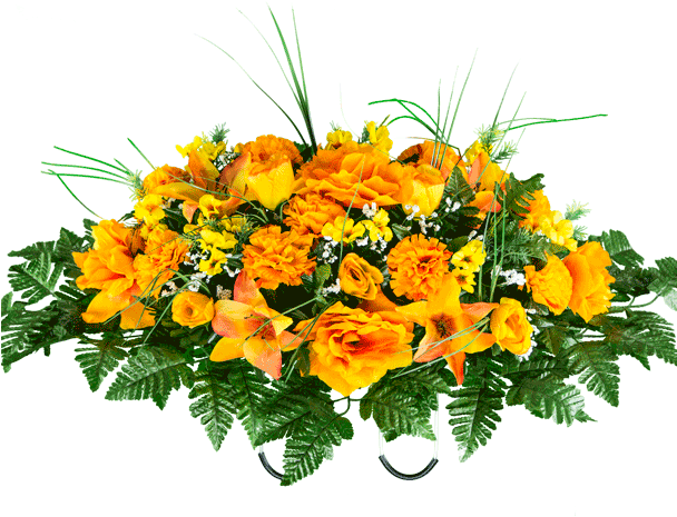 Orange Roses With Lilies And Carnations - Orange And Yellow Bouquet Flowers Png (607x607), Png Download