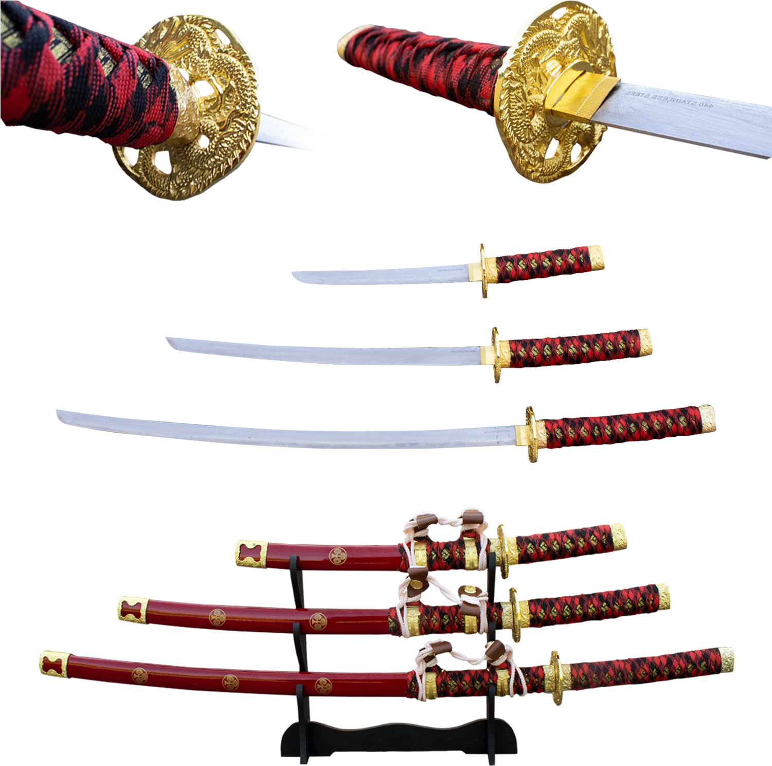 3 Pc Red Gold Rush Katana Sword Set - Katana (1500x1500), Png Download