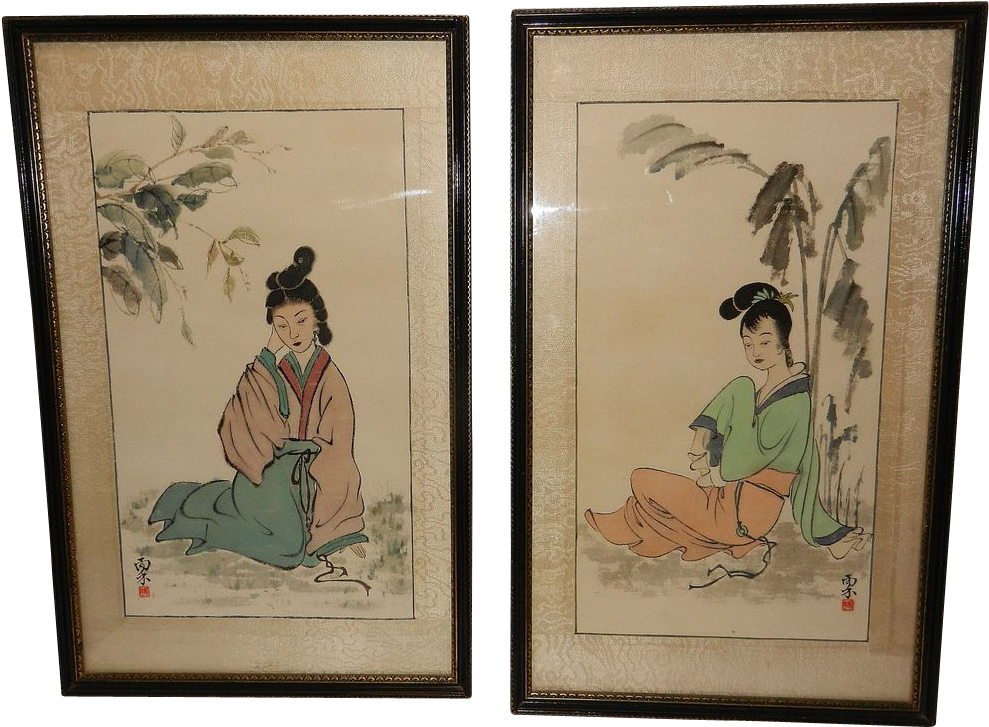 Vintage Japanese Silk Paintings - Painting (988x988), Png Download