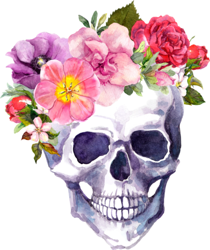 Skull With Flower Crown (421x500), Png Download