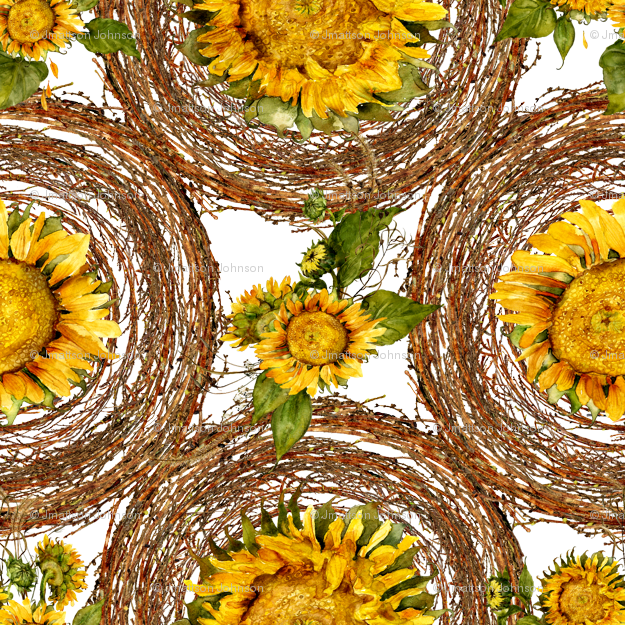 Sunflowers And Wreaths Watercolor On White Fabric Wallpaper - Made In Skandia (625x625), Png Download