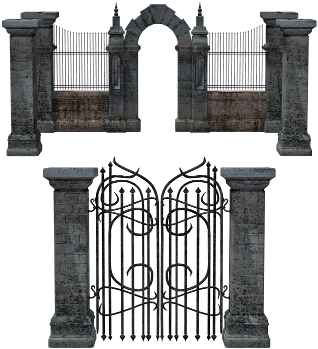 Gate, Portal, Entrance, Fence, Iron, Stone, Mausoleum - Nothing To Ghost About: Witch Woods Funeral Home (648x720), Png Download