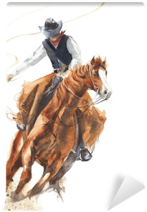 Cowboy Riding A Horse Ride Calf Roping Watercolor Painting - Cowboy Riding Horse Painting (400x400), Png Download