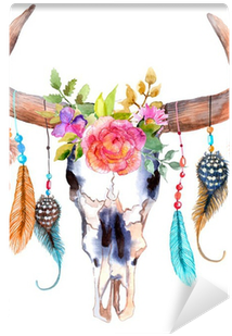 Watercolor Bull Skull With Flowers And Feathers Wall - Bohemian Cow Skull Png (400x400), Png Download