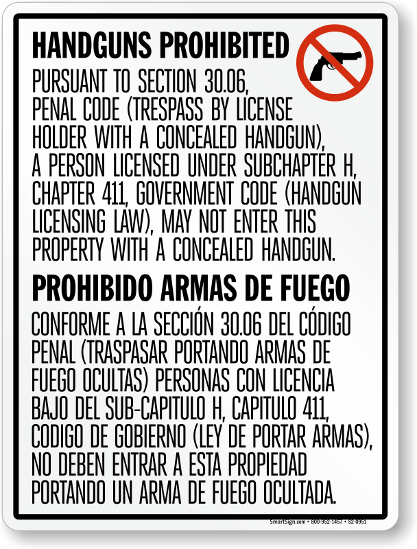 Vertical Bilingual No Concealed Carry Texas Sign - San Francisco (608x800), Png Download
