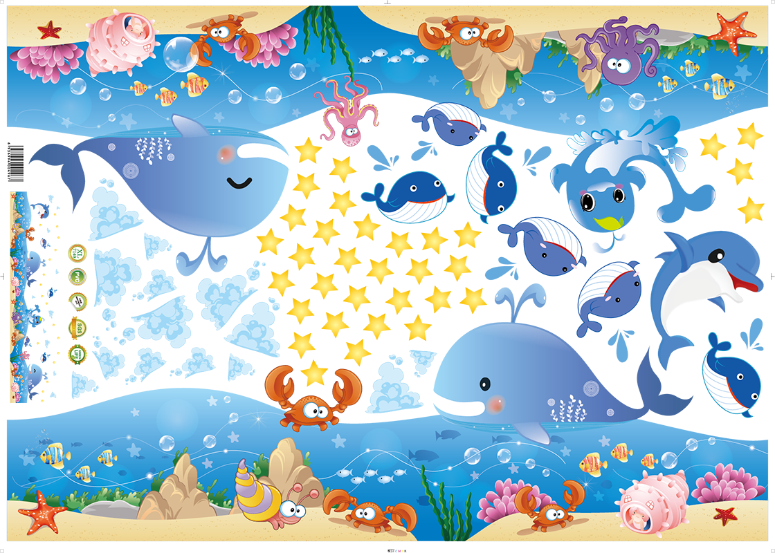 Of Cute Blue Ocean Whale Shell Fish Sea Wall Border (1120x800), Png Download