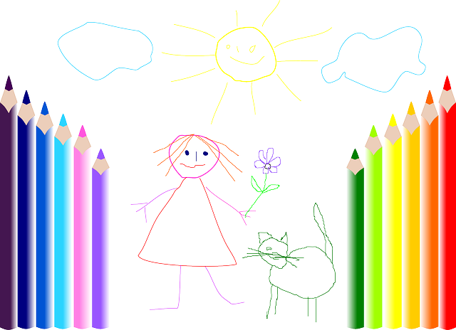 Cat, Drawing, Girl, Kids, Sun, Colors, Pet, Pencils - Blank Drawing Pad For Kids: Play Day Sketchbook, 108 (640x464), Png Download
