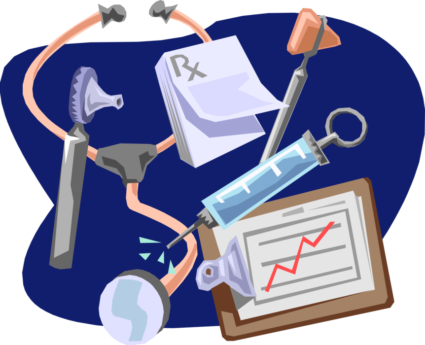 Stethoscope With Syringe And Clipboard Royalty Free - Illustration (480x392), Png Download