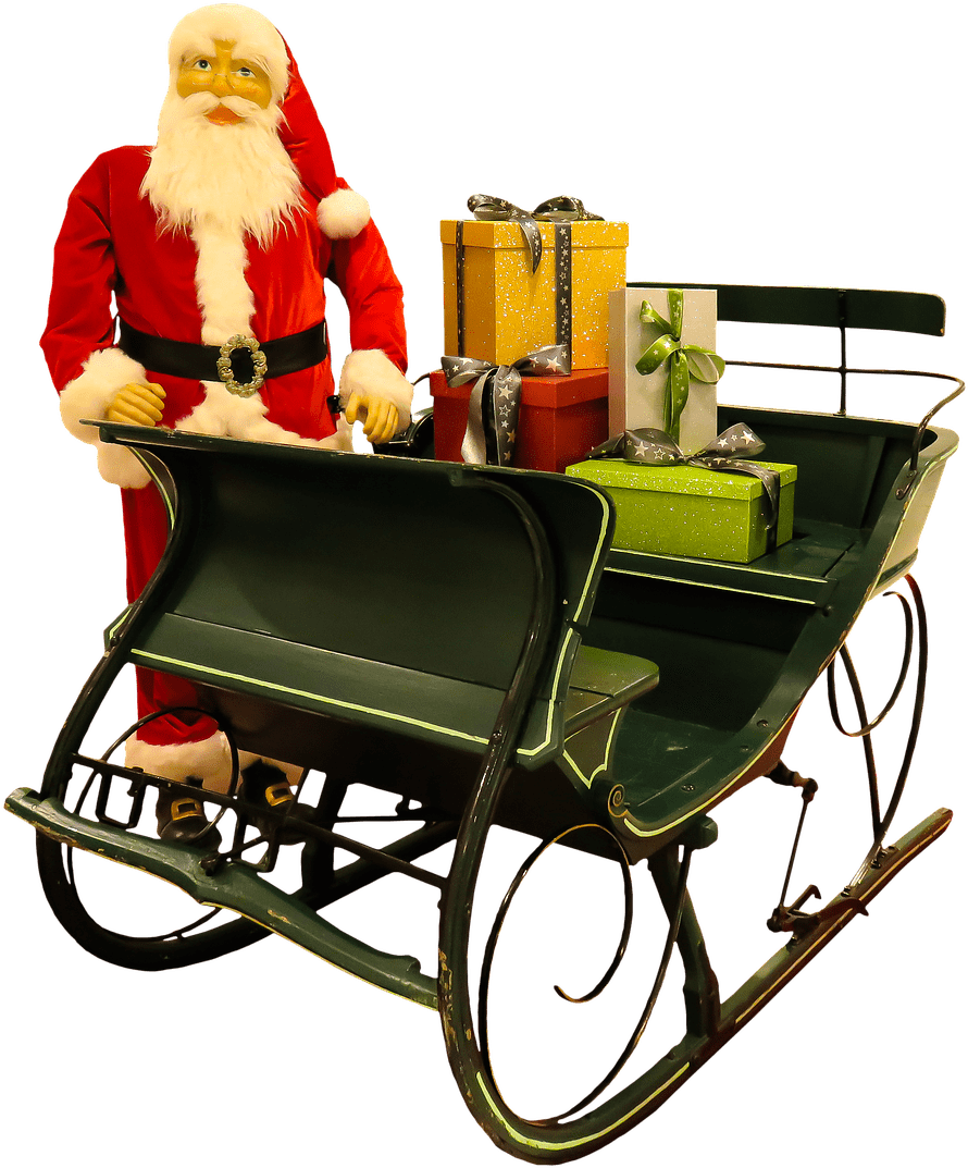 Santa Claus Puppet Next To Sleigh - Dog Reindeer Pulling Sleigh (1053x1280), Png Download