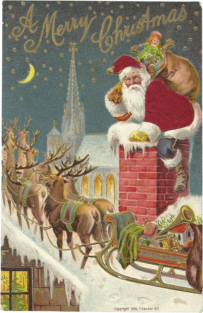 Red Robed Santa Claus Chimney Reindeer Sleigh Roof - Old School Christmas Cards (1087x1087), Png Download