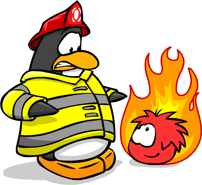 Firefighter Black Puffle Transparent - Black Puffle On Fire (876x812), Png Download