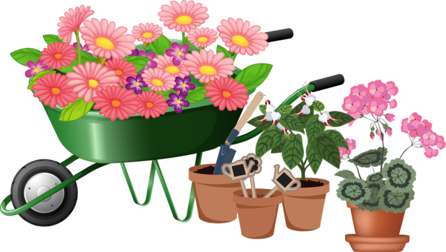 Spring Planting Clipart - Wheel Barrow Flowers Clipart (640x361), Png Download
