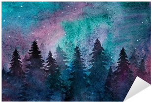 Watercolor Spruce Forest On The Starry Sky Background - Watercolor Northern Lights Background (400x400), Png Download