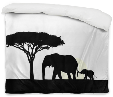 African Elephant With Baby Silhouette Duvet Cover • - Afrikanischer Elefant Silhouette (400x400), Png Download