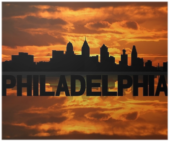 Philadelphia Skyline Reflected With Text And Sunset - Philadelphia Skyline Black And White (400x400), Png Download