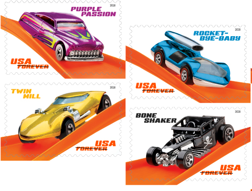 The Name Of The Vehicle Shown In One Of The Top Corners - Usps Hot Wheels Stamps (513x398), Png Download