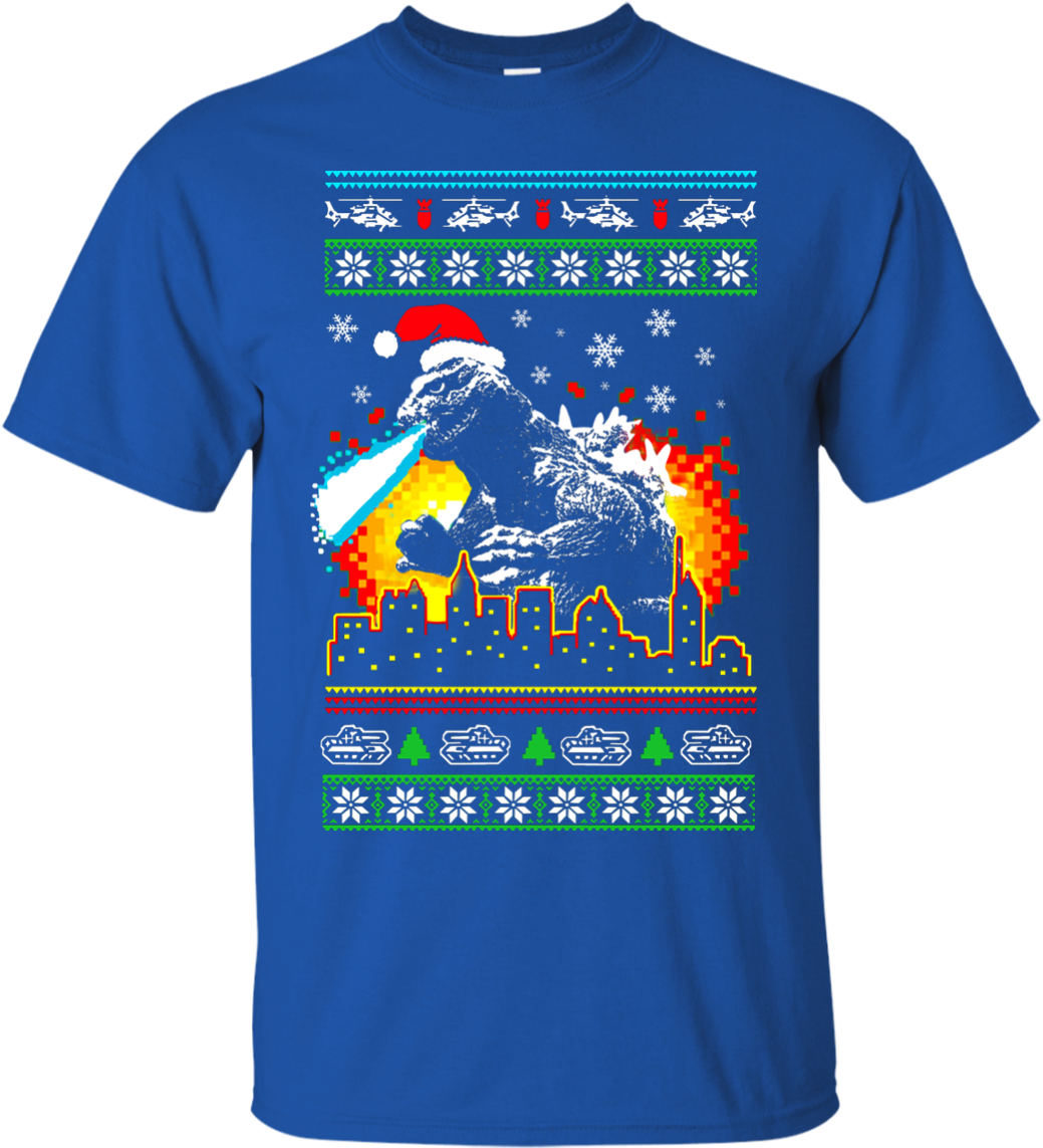 Godzilla Ugly Christmas Sweater-style Printed Tee - T-shirt (1155x1155), Png Download