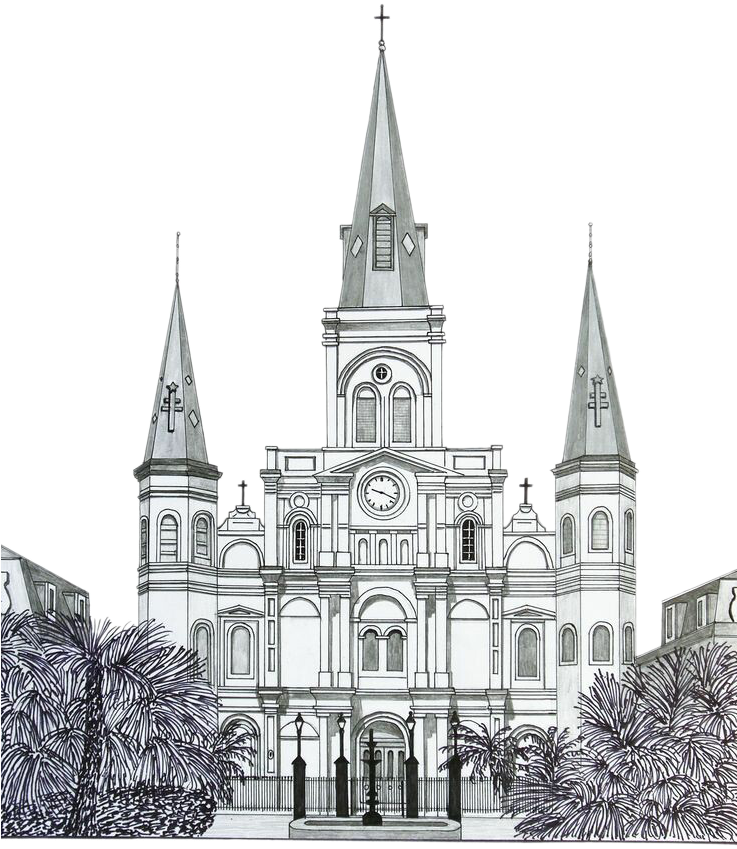 Building Church Watercolor Painting Sketch Steeple - St Louis Cathedral In New Orleans Easy (736x943), Png Download