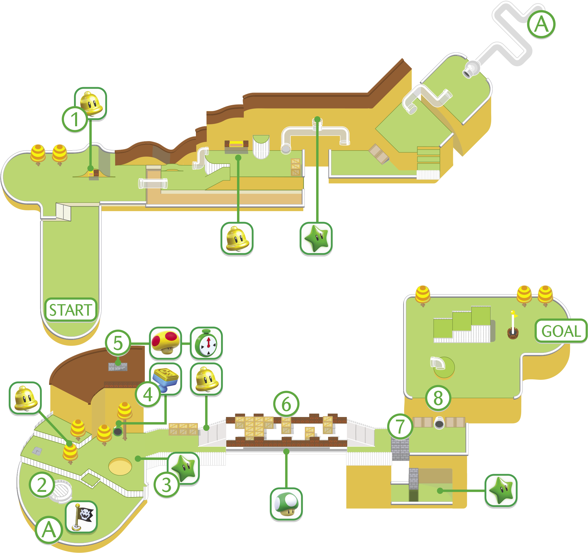 World 1 World 1-1 - Super Mario 3d World Super Bell Hill Map (2067x1952), Png Download