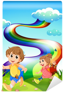 Kids Walking At The Hill With A Rainbow In The Sky - Writing Workbook Ages 3-5 (400x400), Png Download