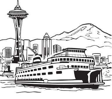 Seattle Space Needle Seattle Skyline Ferry - Ferry Clipart (385x340), Png Download