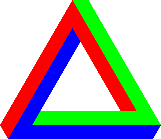 Optical Illusion, Illusion, Triangle, 3d, Blue, Green - Penrose Triangle Clipart (640x554), Png Download