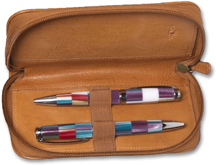 Aston Zipper 2-pen Case Tan Open - Leather (800x800), Png Download
