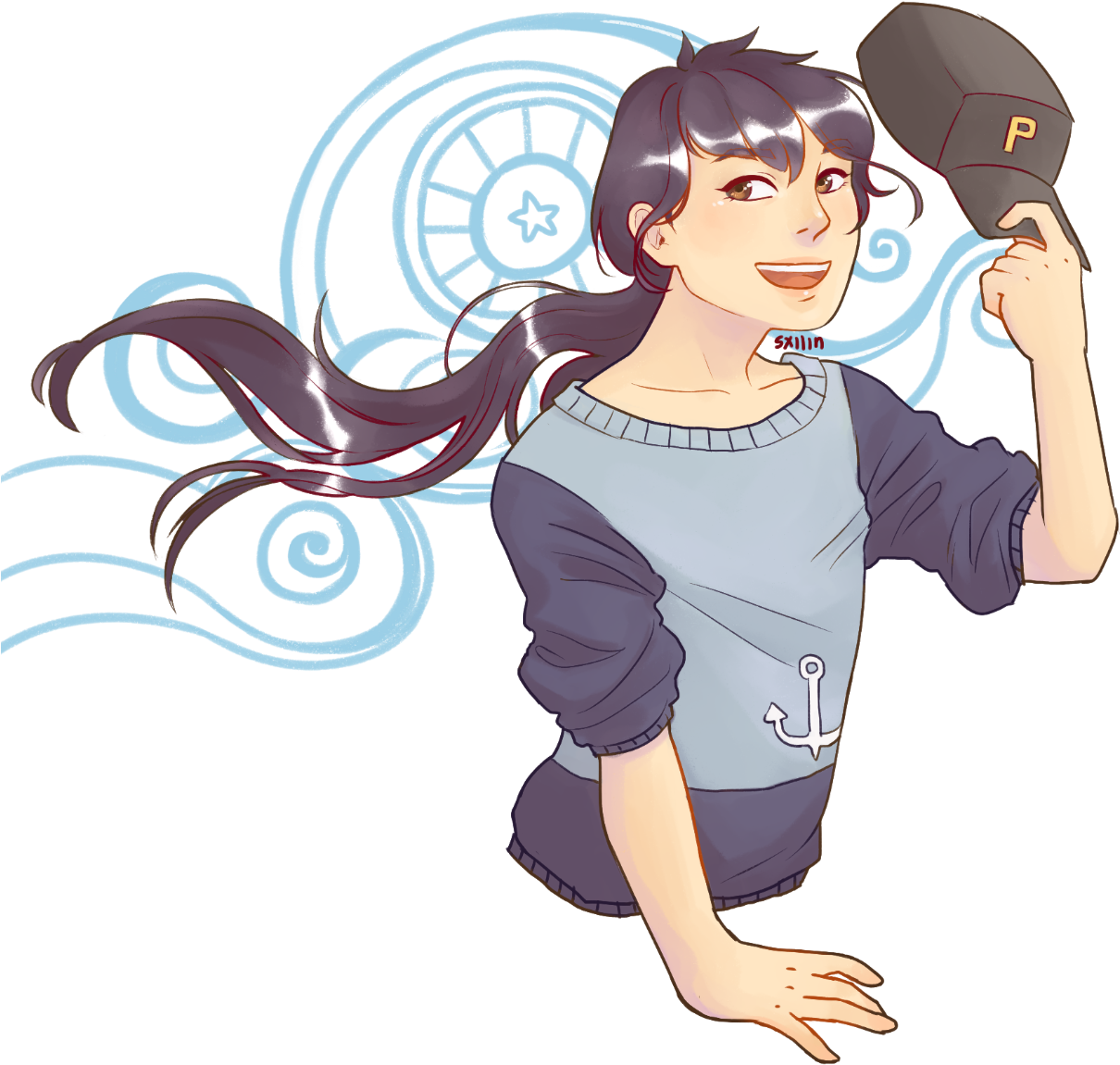 A Black Haired Girl With A Long Ponytail And A Blue - Cartoon (1280x1254), Png Download
