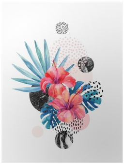 Watercolor Tropical Flowers On Geometric Background - Watercolour Tropical Flowers (400x400), Png Download