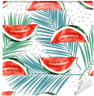 Watercolor Tropical Leaves And Watermelon Seamless - Natural Foods (400x400), Png Download