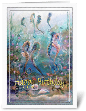 Happy Birthday, Sea Horse Art Greeting Card - Birthday (350x396), Png Download