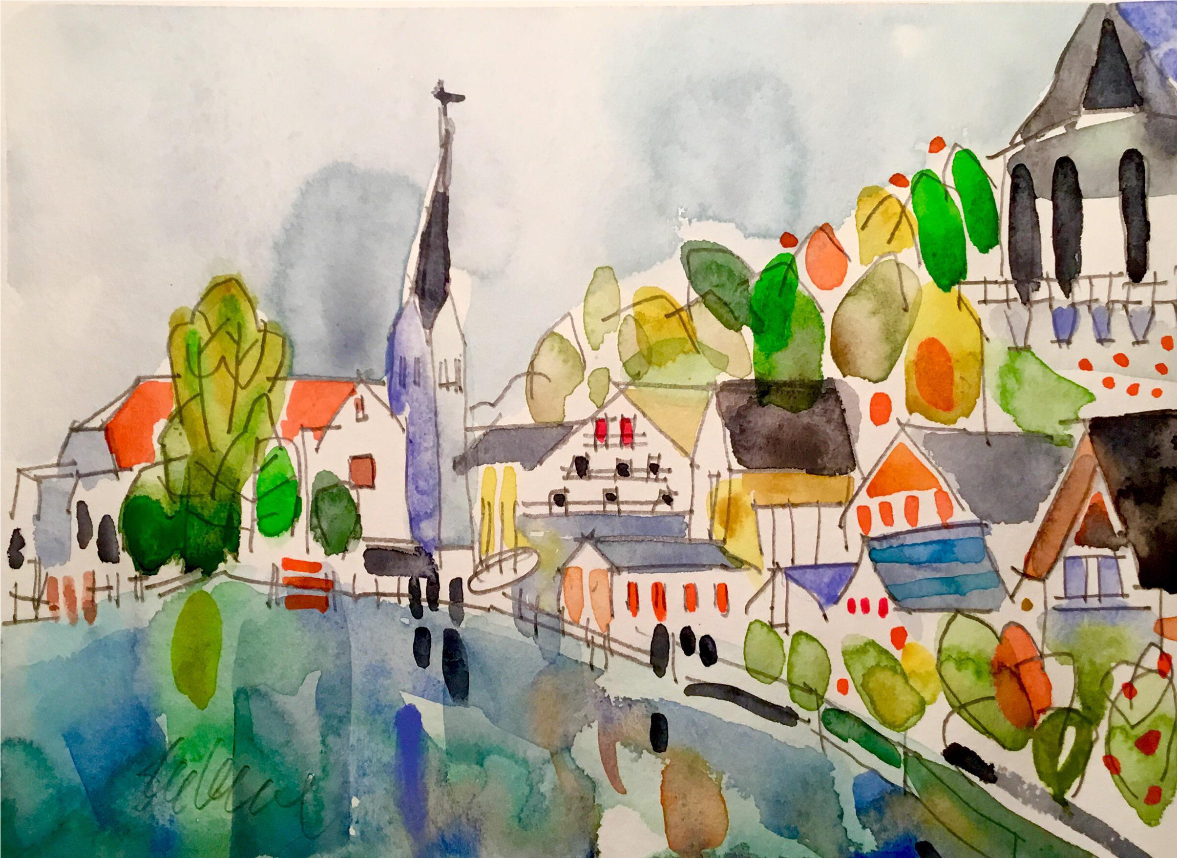 "hallstatt" Original Watercolor Painting - Painting (2677x1951), Png Download