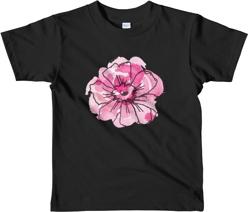 Black Anemone & Pink Watercolor Short Sleeve Kids T-shirt - T-shirt (1000x1000), Png Download