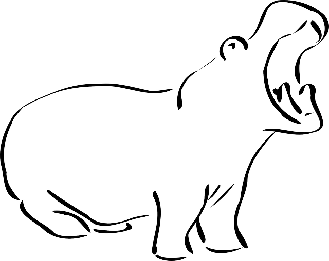 Simple, Outline, Open, Mouth, Art, Hippo, Yawning - Hippo Clip Art (640x509), Png Download