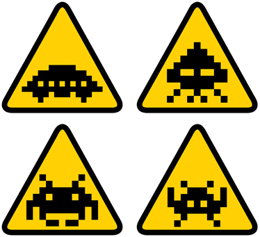 Space Invaders Sign Stickers - Danger Of Drowning Sign (374x341), Png Download