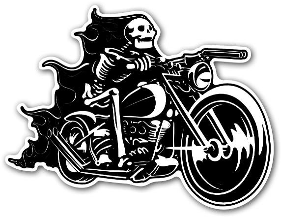 Skull Bike Rider On Flames Sticker - Skull On Bike (600x467), Png Download