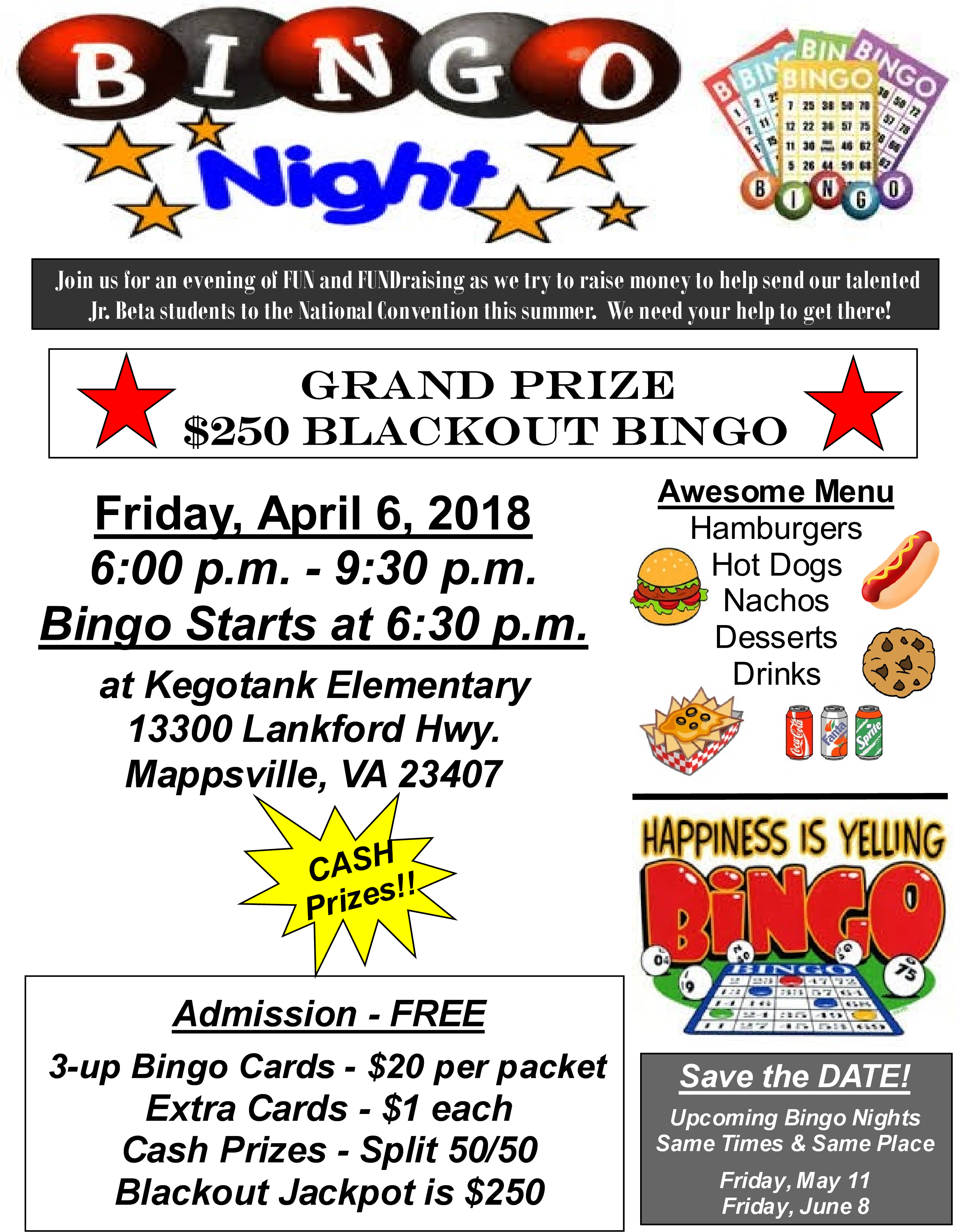 Cash Bingo Event To Raise Money For Our Jr - Kegotank Elementary School (2550x3300), Png Download