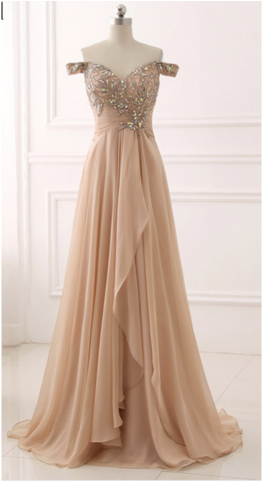 Chiffon Prom Dress,off Shoulder Prom Dresses,beaded - Evening Gown (321x480), Png Download
