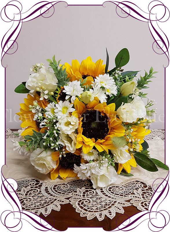 Silk Artificial Sunflower And White Daisy Boho Country - White Daisy And Sunflower Bouquet (608x822), Png Download