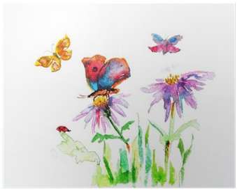 Watercolor Drawing Of A Flower With A Butterfly Poster - Shabby Chic Shower Curtain By Ambesonne, Watercolour (400x400), Png Download