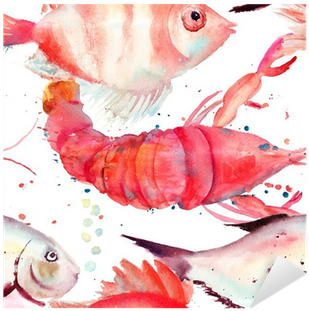 Watercolor Illustration Of Lobster And Fish Sticker - One Bella Casa Oversized Lobster Throw Pillow (400x400), Png Download