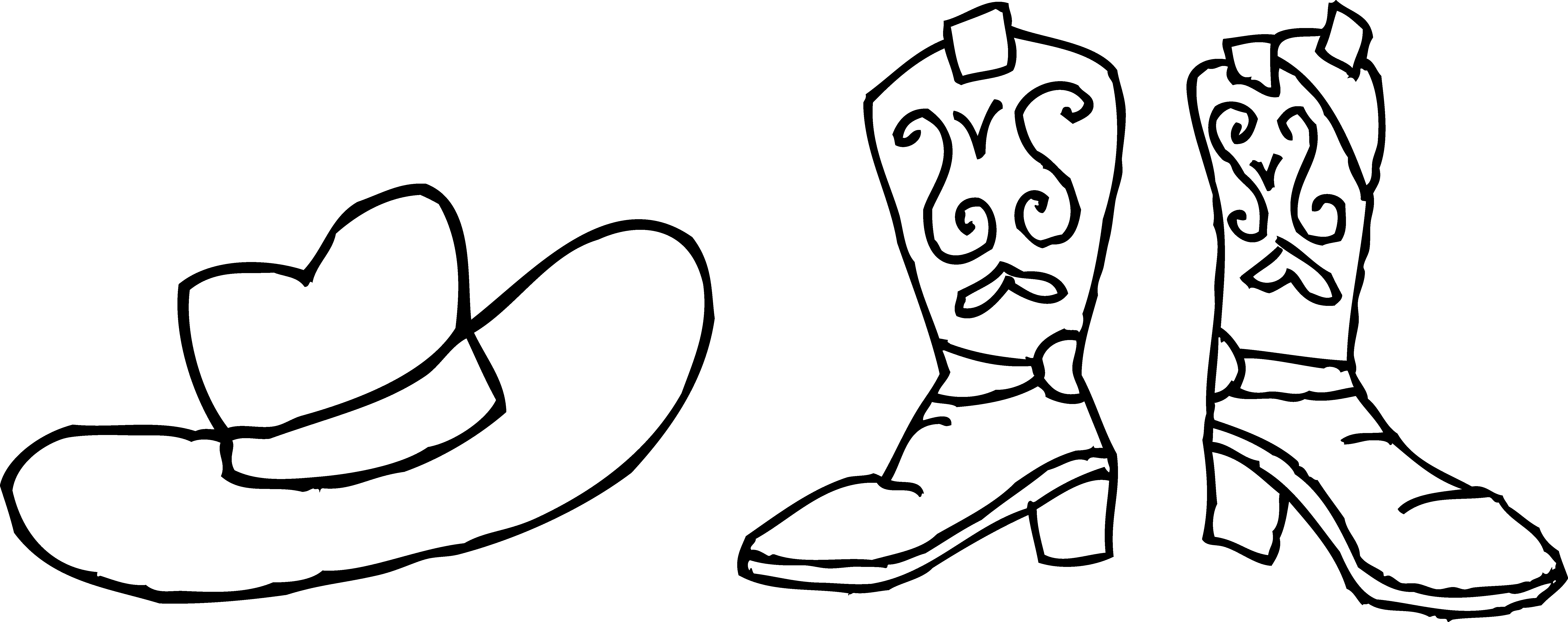 Colorable Cowboy Hat And Boots - Cowboy Boots Black And White (7944x3150), Png Download