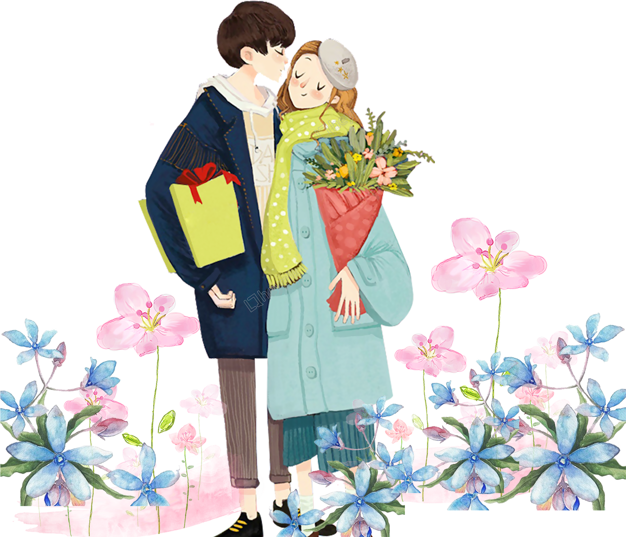 Hand Drawn Cartoon Watercolor Lover Decoration Vector - 七夕 节 (2168x2260), Png Download