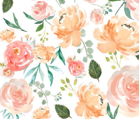 Peach Watercolor Delight Flowers Fabric By Hudsondesigncompany - Peach Watercolor Delight (470x403), Png Download