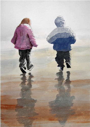 A Stroll On The Beach - Watercolor Painting (600x500), Png Download