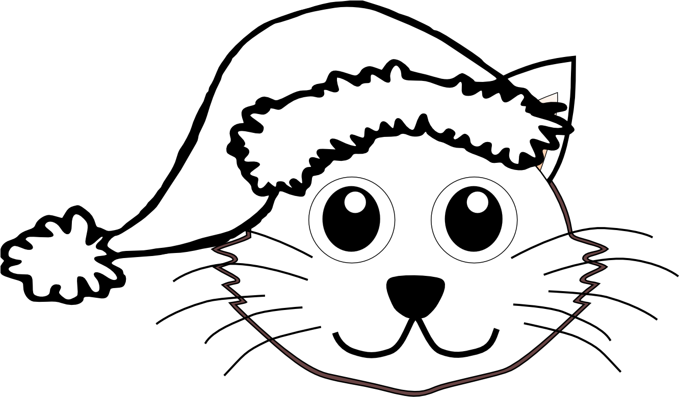 Clipart Face Cat In Hat Png - Christmas Cat Black And White (1331x919), Png Download
