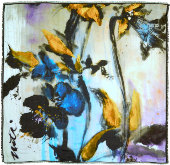 Golden Blue Orchid Silk Scarf With Black Border - Product (600x600), Png Download