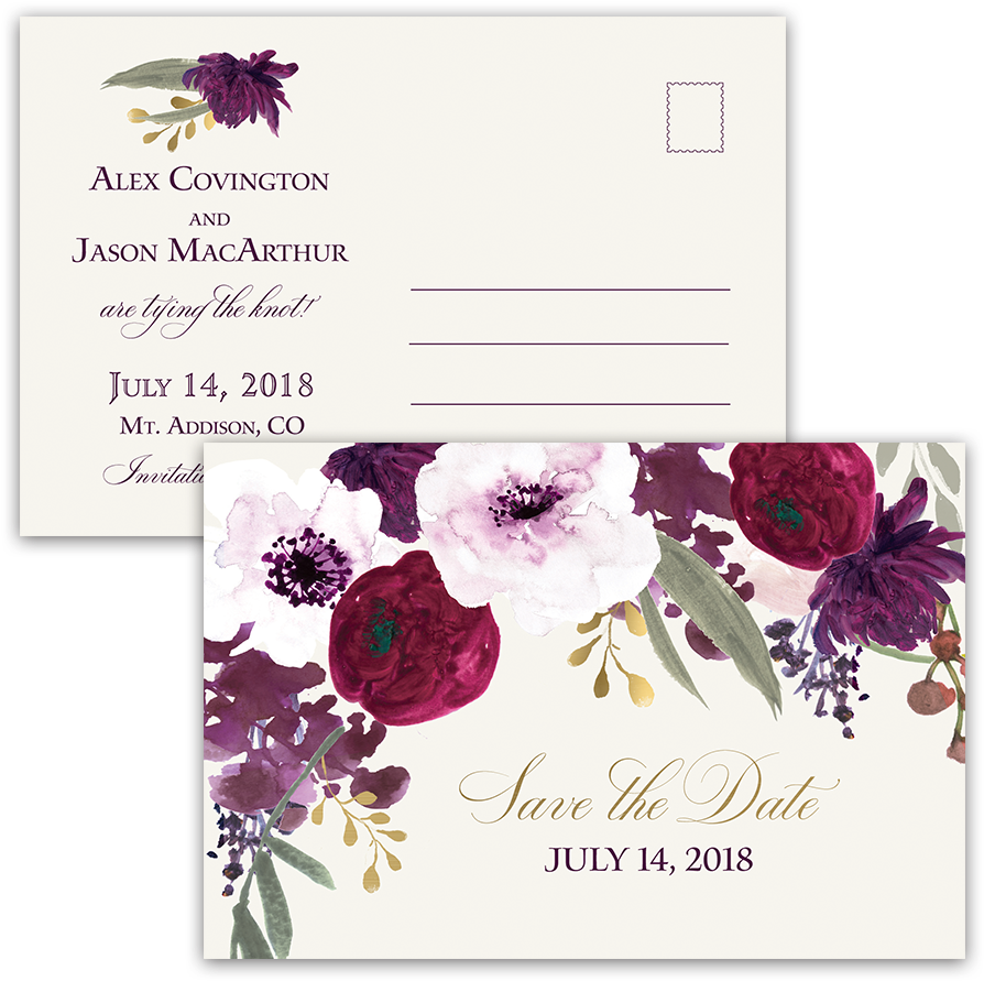 Burgundy And Gold Floral Boho Postcard Save The Date - Burgundy Plum Floral Watercolor (900x900), Png Download