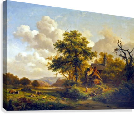 A Tranquil Landscape With Women Washing By A Stream - Frederik Marinus Kruseman Paintings (429x367), Png Download