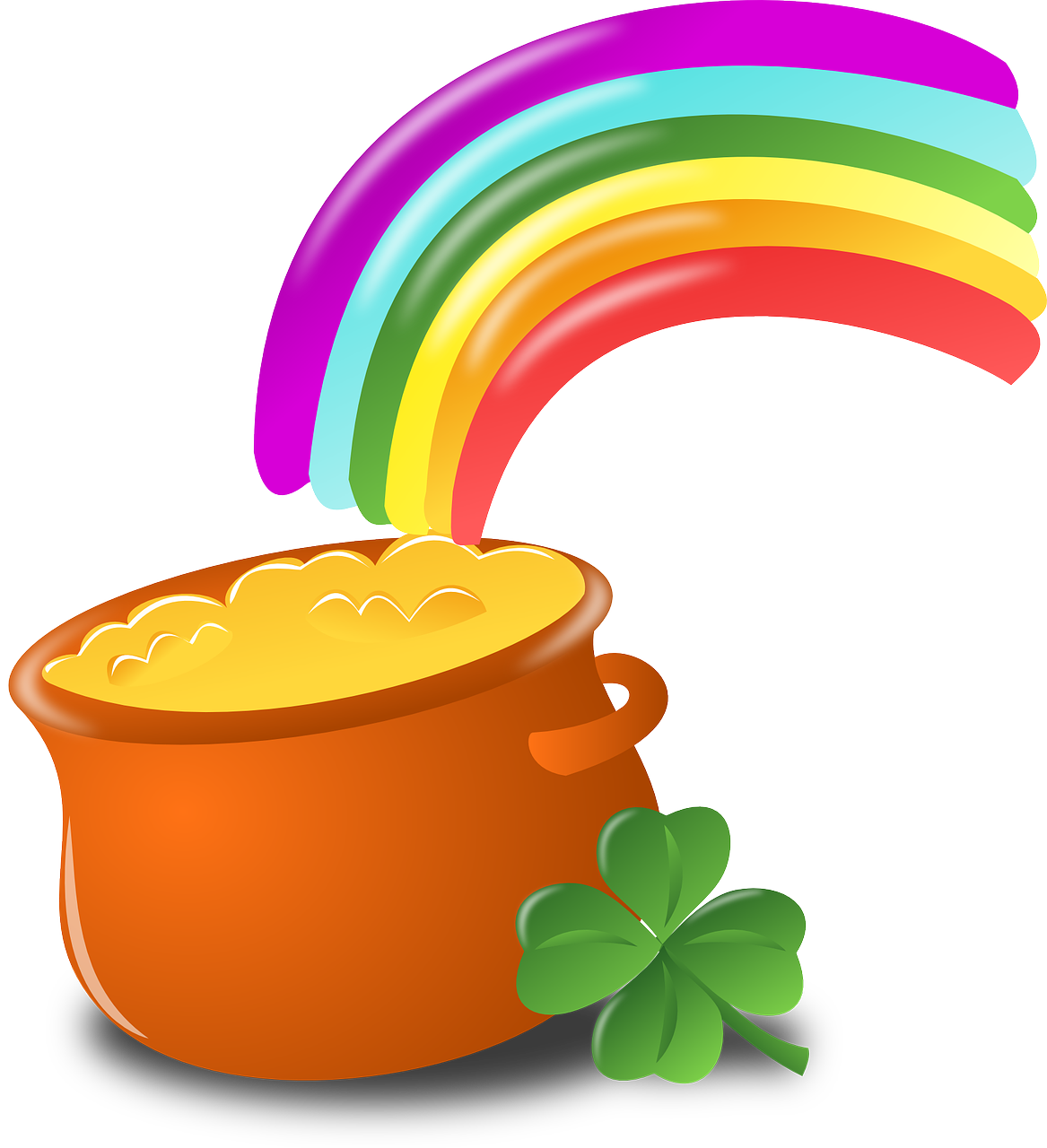 Luck, Rainbow, Gold, Pot, Four-leaf Clover, Shamrock - St Patricks Day Png (584x640), Png Download